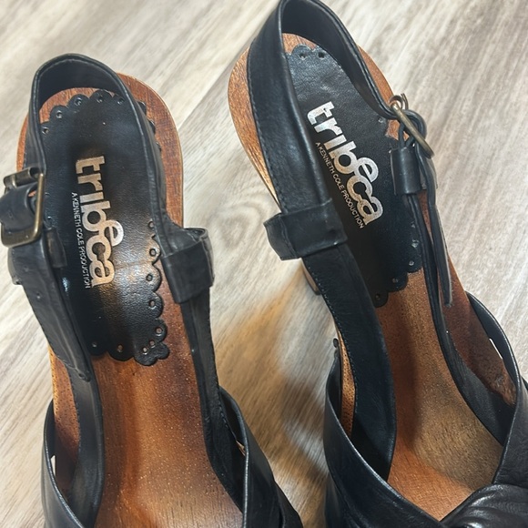 Vintage Y2K Kenneth Cole Tribeca Slingback Heels Black Leather Wooden Platform - Picture 11 of 12